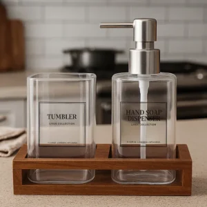 MİEN CAM AKASYA STANDLI SIVI SABUNLUK SETİ