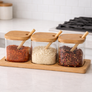 MİEN 3'LÜ KARE KAŞIKLI CAM BAHARATLIK